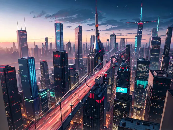 masterpiece anime cyberpunk cityscape with robots and flying cars