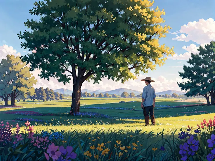 A tranquil countryside scene with a farmer in the foreground. The rolling hills are lush and green, dotted with colorful wildflowers and tall trees. In the foreground, a farmer is standing in a field, leaning on his hoe and gazing out at the beautiful landscape. He is dressed in simple, practical clothing, with a wide-brimmed hat to protect him from the sun. Behind him, a herd of cows is grazing lazily in the field, their contented lowing filling the air. The sky above is a brilliant shade of blue, with fluffy white clouds drifting lazily by. The lighting is warm and inviting, with soft shadows and gentle highlights creating a sense of peace and tranquility. The overall emotion conveyed should be one of serenity, simplicity, and a deep connection to the natural world.