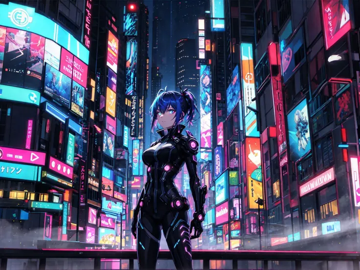 An anime masterpiece portrait of a lone woman and a neon-lit cyberpunk cityscape. The woman is standing on a balcony overlooking the bustling city below. She is dressed in intricate cyberpunk fashion, with glowing neon accents and intricate circuitry designs. Her hair is dyed a vibrant shade of electric blue and is styled in an edgy, futuristic cut. The city below is a labyrinth of towering skyscrapers and twisting alleys, all lit up with a neon glow. Flying cars zoom through the air, leaving trails of light in their wake. The lighting is dark and dramatic, with deep shadows and bright highlights accentuating the gritty, industrial feel of the scene. The overall emotion conveyed should be one of rebellion, independence, and a sense of being on the cutting edge of technology and culture.