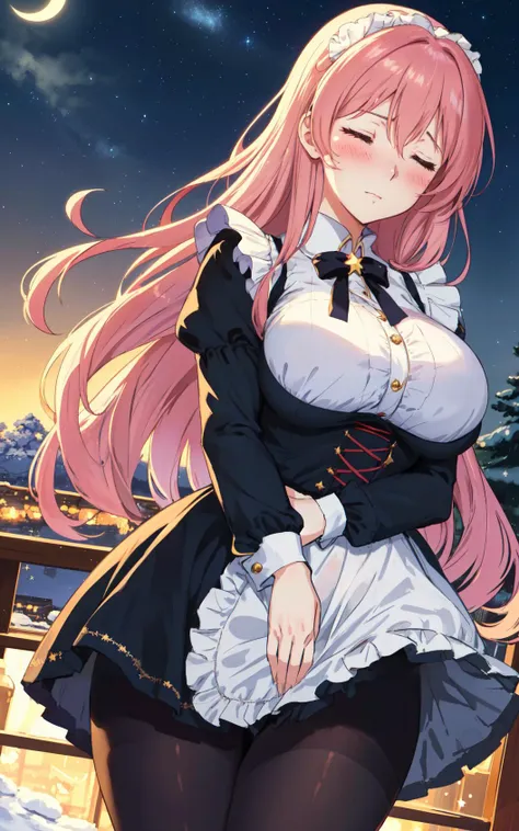 best detailed,
masterpiece anime large breasts and  elegant curvy and strikingly beautiful  woman with  (look of shame) on her (blushing) face, closed eyes on the face like an actress,
She is dressed in frilled decollated winter dirndl  with pantyhose,
Stars twinkling sky and cold moon,
Beautiful night view enhances her beauty,
moon light and cold lighting