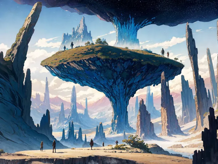 A surreal and dreamlike landscape with a group of people in the foreground. The landscape is a vast and surreal expanse of towering, alien-like rock formations, glittering crystals, and floating islands. The people in the foreground are standing on a platform suspended in mid-air, looking out over the strange and otherworldly vista before them. They are dressed in a mixture of futuristic and antique clothing, adding to the surreal and fantastical feel of the scene. The lighting is dim and mysterious, with a hint of magical luminescence emanating from the rocks and crystals. The overall emotion conveyed should be one of wonder, curiosity, and a sense of being transported to another world.