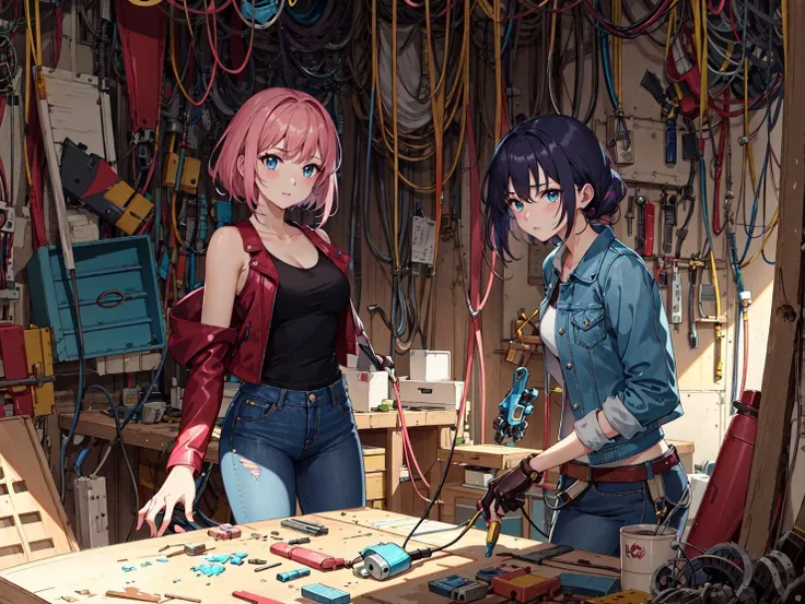 An anime masterpiece portrait of a woman fixing a mechanical robot in her workshop. The woman has pink hair, aquamarine eyes and she is wearing a yellow tank top under a burgundy leather jacket and distressed jeans. Scene is a messy cluttered workshop filled with wiring and pipes. The workshop main door is open letting in dawn's caustics light, mechanical robot