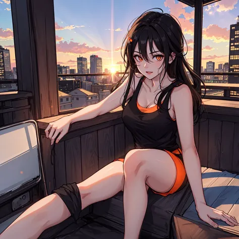 masterpiece portrait of a woman in Montreal at dawn, black hair, orange eyes, black tank top, dawn, neon, light rays, caustics, lens flare
