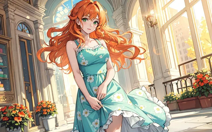 masterpiece portrait of a woman in Montreal at dawn, orange fluffy curly hair, green eyes,floral print, dress, dawn, neon, light rays, caustics, lens flare, ((solo))