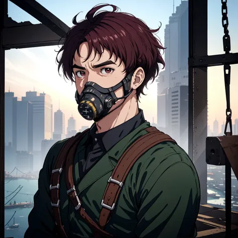 solo anime gorgeous masterpiece portrait modern scene of a man focus, solo focus, bald hair, masculine eyebrows, Horseshoe mustache facial hair, burgundy Slightly slanted eyes, modern Tattered clothing, utility belt, gas mask , background of modern Rio de Janeiro at night, modern Rio de Janeiro background, cinematic, caustics, cel-shading, cel shading, detailed lines, masterpiece, high quality, highres, high contrast, beautiful shadows, light rays, <lyco:jstyle-15:0.5>