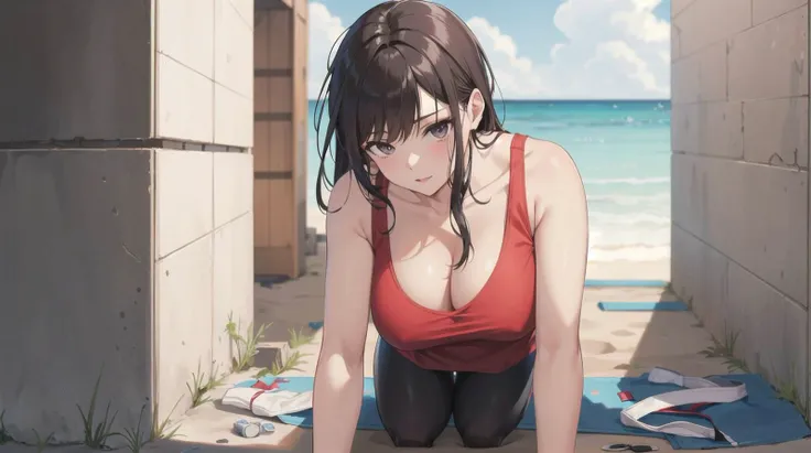 a beautiful busty woman leaning down doing yoga wearing a overhang red tank top and leggings on the beach, caustics, downblouse,(red top)