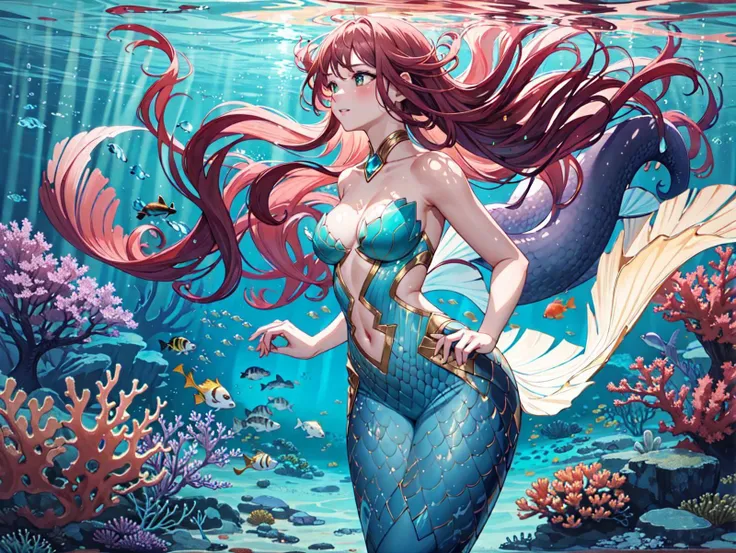 A magical underwater scene with a mermaid in the foreground. The water is crystal clear and full of vibrant, colorful sea life. Sunbeams are filtering through the surface, casting a warm, golden light on everything below. In the foreground, a beautiful mermaid is swimming gracefully, her long, red flowing hair and shimmering tail trailing behind her. She is surrounded by a group of curious sea creatures, including tropical fish, sea turtles, and even a majestic manta ray. The background is a stunning coral reef, with vibrant colors and intricate patterns. The lighting is warm and inviting, with a soft, dreamlike quality that adds to the sense of magic and wonder. The overall emotion conveyed should be one of tranquility, beauty, and a sense of being transported to a magical underwater world.