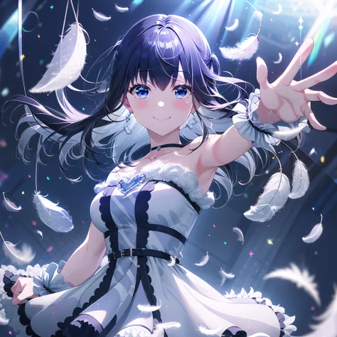 high quality, best quality, masterpiece, absurdres, nagase mana, idol, 1girl, <lora:mana:0.75>, solo, smile, blush, looking_at_viewer, falling_feathers, light_beams, light_rays, reaching_out, floating_hair