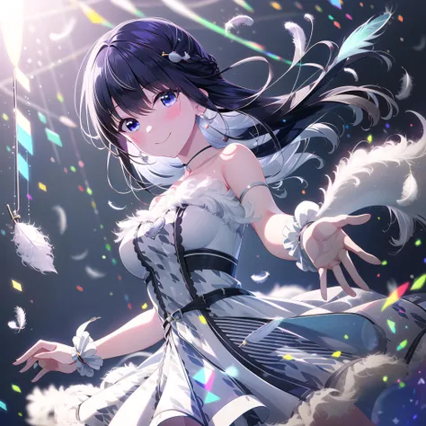 high quality, best quality, masterpiece, absurdres, nagase mana, idol, 1girl, <lora:mana:0.75>, solo, smile, blush, looking_at_viewer, falling_feathers, light_beams, light_rays, reaching_out, floating_hair