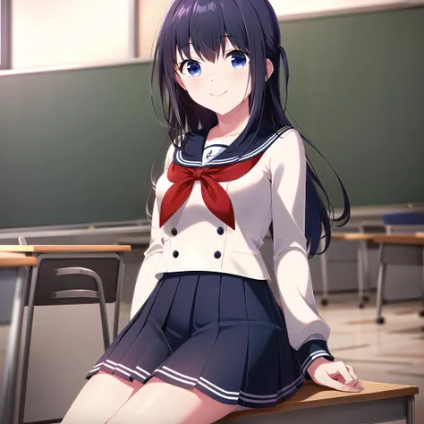 high quality, best quality, masterpiece, absurdres, nagase mana, uniform, 1girl, <lora:mana:0.75>, solo, classroom, sitting