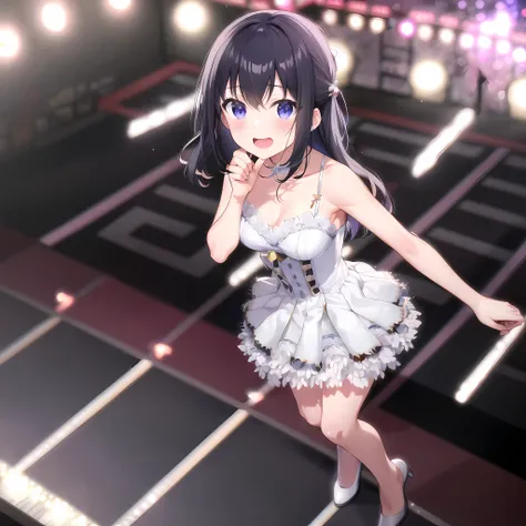 high quality, best quality, masterpiece, absurdres, nagase mana, idol, 1girl, white dress, <lora:mana:0.75>,  singing, white_feathers, glow, on stage, confident, from_above