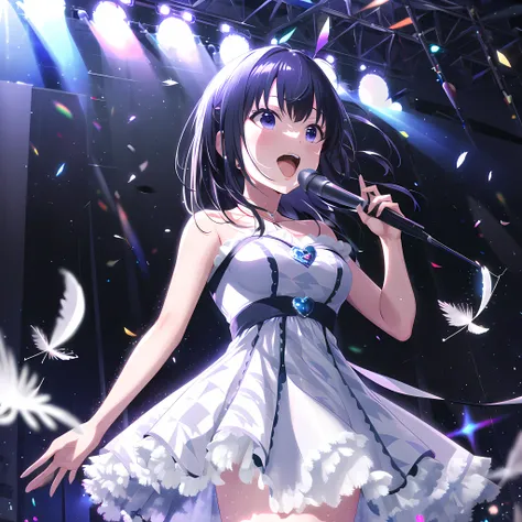 high quality, best quality, masterpiece, absurdres, nagase mana, idol, 1girl, white dress, <lora:mna:0.75>, singing, white falling_feathers, glow, on stage, reaching_out