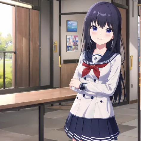 high quality, best quality, masterpiece, absurdres, nagase mana, uniform, 1girl, school, blush, smile, <lora:newmna:0.75>