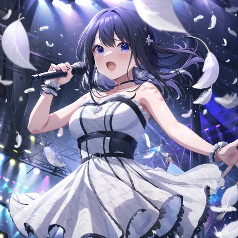 high quality, best quality, masterpiece, absurdres, nagase mana, idol, 1girl, stage, falling_feathers, singing, <lora:newmna:0.75>