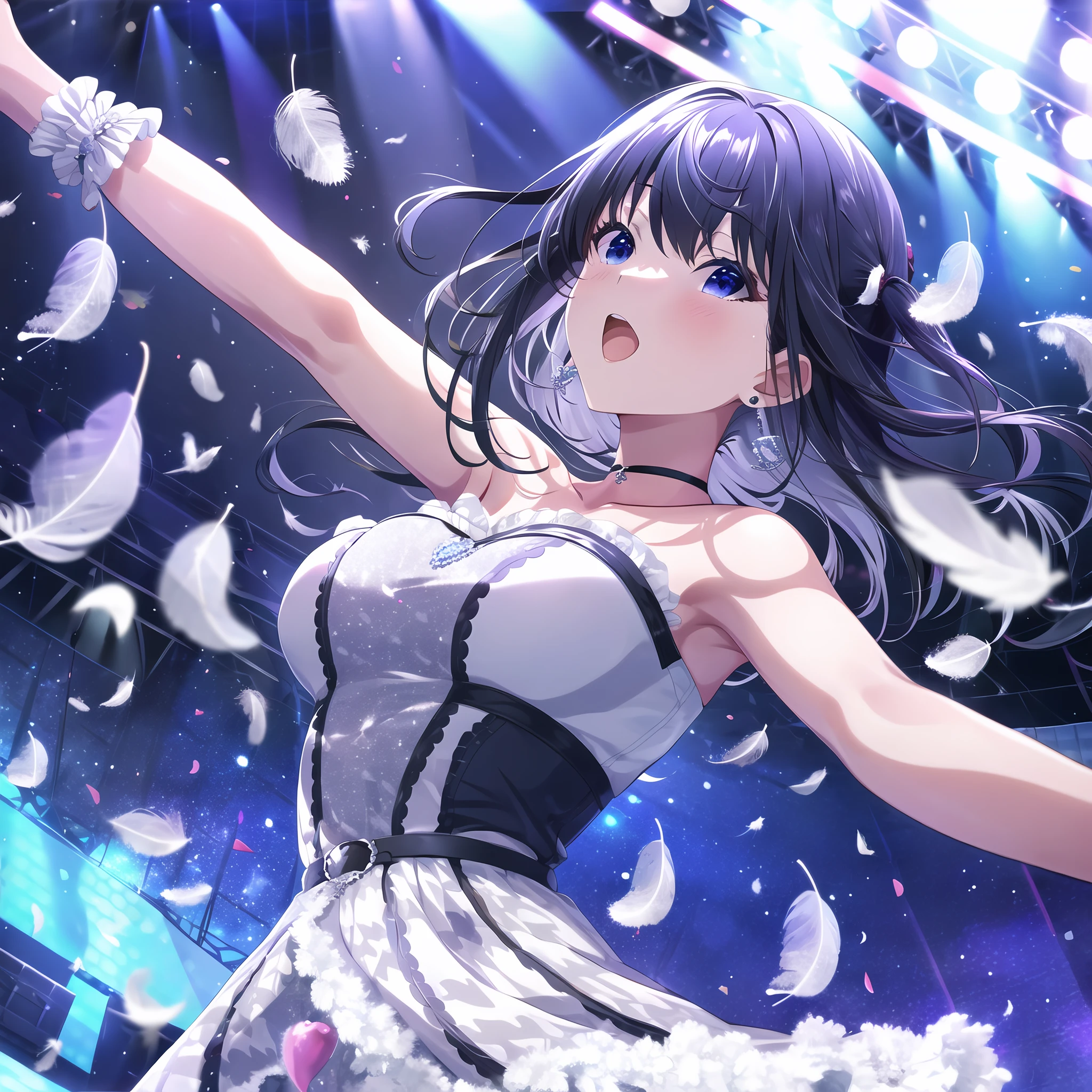 high quality, best quality, masterpiece, absurdres, nagase mana, idol, 1girl, stage, falling_feathers, singing, <lora:newmna:0.75>