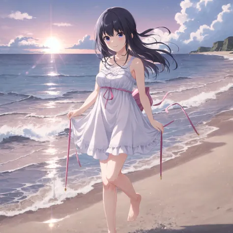 (high quality, best quality), 1girl, solo, nagase mana, dress, <lyco:nagasemana:0.75>, barefoot, walking, beach, shore, smile, blush, sunset, lens_flare, hdr