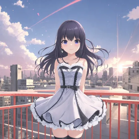 (high quality, best quality), 1girl, solo, nagase mana, idol-outfit, <lyco:nagasemana:0.75>, smile, blush,standing, arms_behind_back, leaning_back, rooftop, sunset, lens_flare, hdr