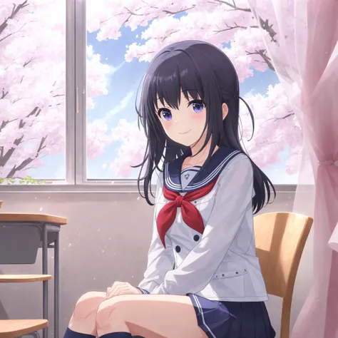 (high quality, best quality), 1girl, solo, nagase mana, hoshimi-uniform, <lyco:nagasemana:0.75>, sitting, classroom, looking_at_viewer, smile, blush, window, curtain, hdr
