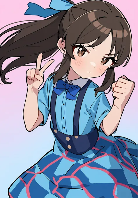 1girl, 
tachibana arisu, idolmaster, 
blue background, hair ribbon, buttons, blue pants, solo, blush, shirt, flat chest, brown hair, suspender skirt, skirt, bow, standing, v, pants, gradient background, blue shirt, bowtie, brown eyes, hands up, looking at viewer, v-shaped eyebrows, blue skirt, closed mouth, sidelocks, >:\(, ponytail, blue ribbon, suspenders, long hair, two-tone shirt, light frown, checkered clothes, checkered skirt, clenched hand, child, serious, feet out of frame, pink background, child's drawing, blue bowtie, blue bow, ribbon, 
masterpiece, newest, absurdres, safe
 <lora:2080ti_ag31_tachibana_arisu-000007:1>