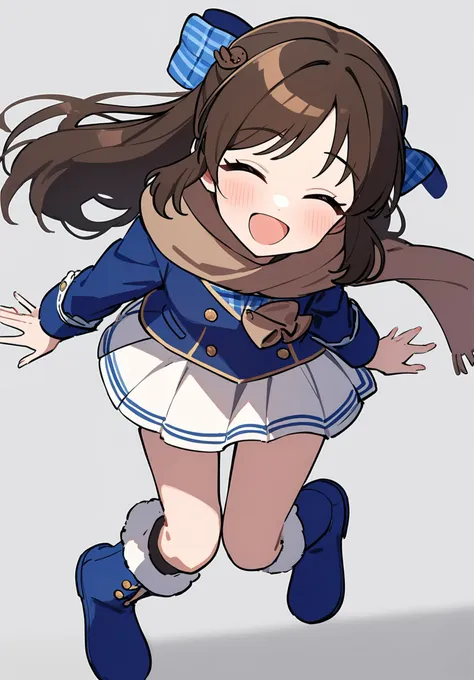 1girl, 
tachibana arisu, idolmaster, 
grey background, boots, blush, blue bow, white skirt, closed eyes, ^_^, open mouth, buttons, white stripes, long sleeves, blue sleeves, vest, full body, long hair, single braid, facing viewer, braid, rabbit hair ornament, brown hair, hair ornament, pleated skirt, plaid trim, plaid, blue footwear, bow, hair bow, blue vest, standing, skirt, double-breasted, brown scarf, smile, :d, scarf, miniskirt, 
masterpiece, newest, absurdres, safe
 <lora:2080ti_ag31_tachibana_arisu-000007:1>