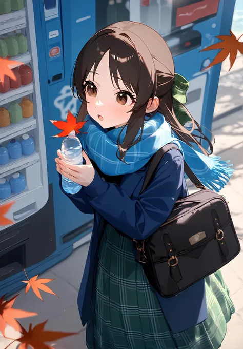 1girl, 
tachibana arisu, idolmaster, 
bottle, water, green skirt, scarf, leaf, outdoors, jacket, holding leaf, blue scarf, plaid skirt, looking up, looking at object, holding bottle, skirt, long skirt, holding, feet out of frame, maple leaf, black hair, black bag, plaid scarf, bag, light blush, open mouth, sidelocks, water bottle, day, hair bow, plaid, short hair, solo, vending machine, blush, green bow, long sleeves, blue jacket, shoulder bag, bow, 
masterpiece, newest, absurdres, safe
 <lora:2080ti_ag31_tachibana_arisu-000007:1> <lora:a31_style_koni:1>