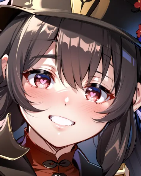 1girl, solo, close-up face, smile, 
 <lora:genshinfull1-000006:0.8>, (HUTAODEF, hat, red eyes, black hair, long hair), symbol-shaped pupils,  
 <lora:heartpupils:1.2>, (heart-shaped pupils, heart in eye:1.4),