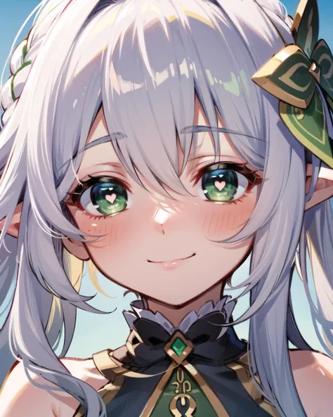 1girl, close-up face, smile, 
 <lora:heartpupils:0.8>, (heart-shaped pupils, heart in eye),
 <lora:Nahida3:0.6>, nahida_genshin, green eyes, white hair, hair ornament, dress,