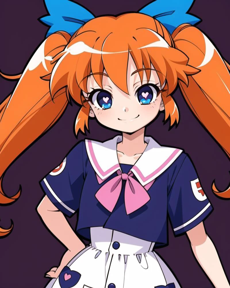 1girl, smile, cowboy shot,
<lora:heartpupils:0.8>, (((heart-shaped pupils))), ((symbol-shaped pupils, heart in eye)),
<lora:popurin_moe:0.7>, (orange hair, twintails, hair bow), blue eyes,