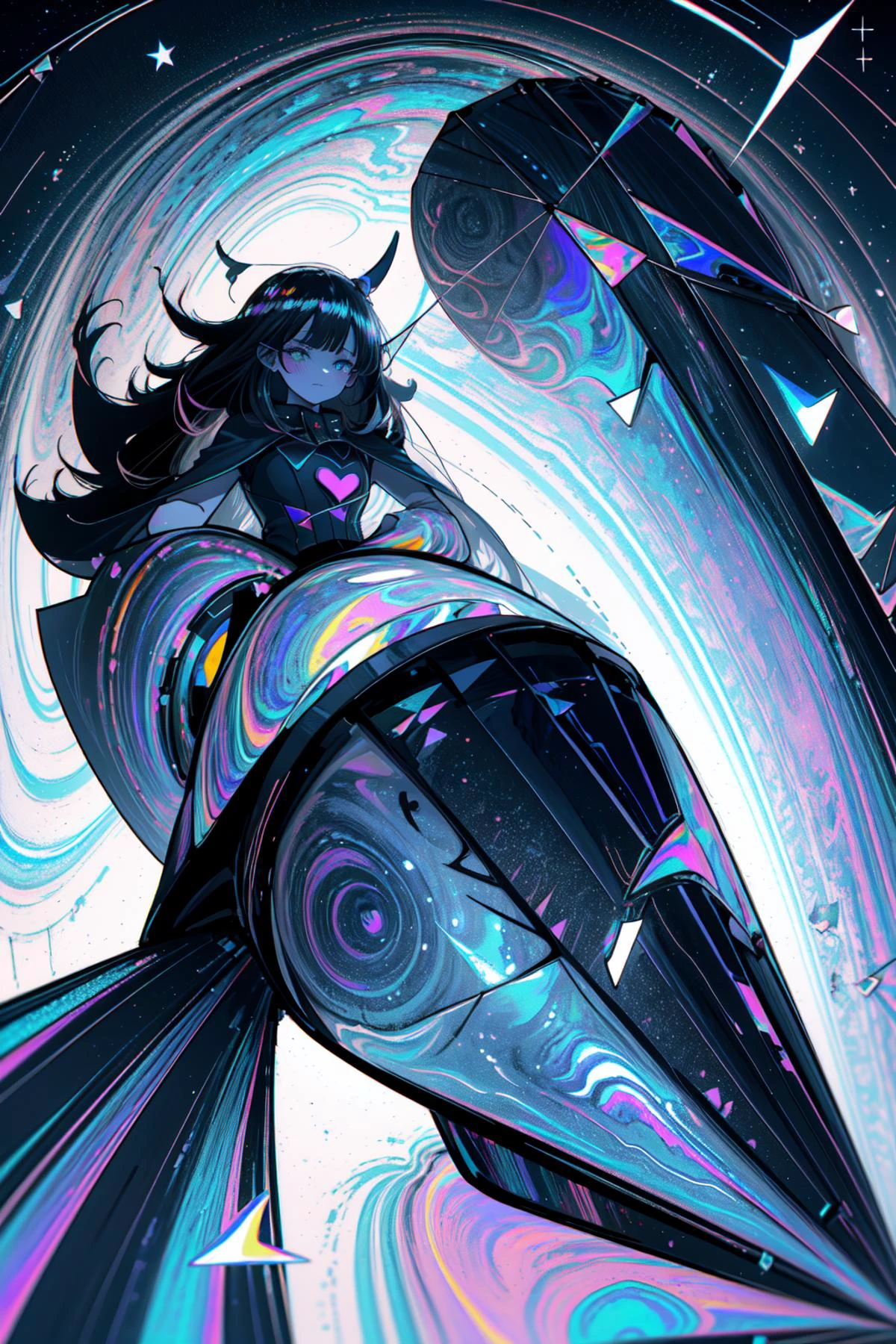 (dynamic angle,from below,:1.3),(flat papercut style:1.4),,flowing colorful ink,cross the stars, blackhole, clean cuts, paper, sharp edges, minimalist, color block,
<lora:RingArt_Sora:0.2> Ring,
<lora:holov7:0.8> 1 girl, heart-shaped pupils,perfect detail face,witch,rabbit theme,riding a giant heavy motorcycle ,holographic, holographic clothing,
<lora:zzfutbikzz_v1:0.5> zzfutbikzz <lora:chirmeraL-SF:0.3> <lora:glass_crack_effects:0.3> <lora:Gloomifier_V2_TheGlow:0.45> <lora:hairdetailer:0.8> <lora:heartstarpupils:0.8>