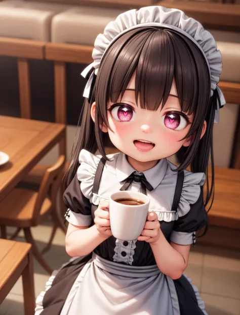 (3d, render, photorealistic),((realistic)),masterpiece, best quality, 1girl stading action pose, black hair, long hair, hairband, maid, maid outfit, maid headwear, smiling happy, open mouth, holding cup of coffe, embarrased, pink eyes, maid cafe, restaurant, pov, twintails,
<lora:heartpupils:0.8> heart-shaped pupils