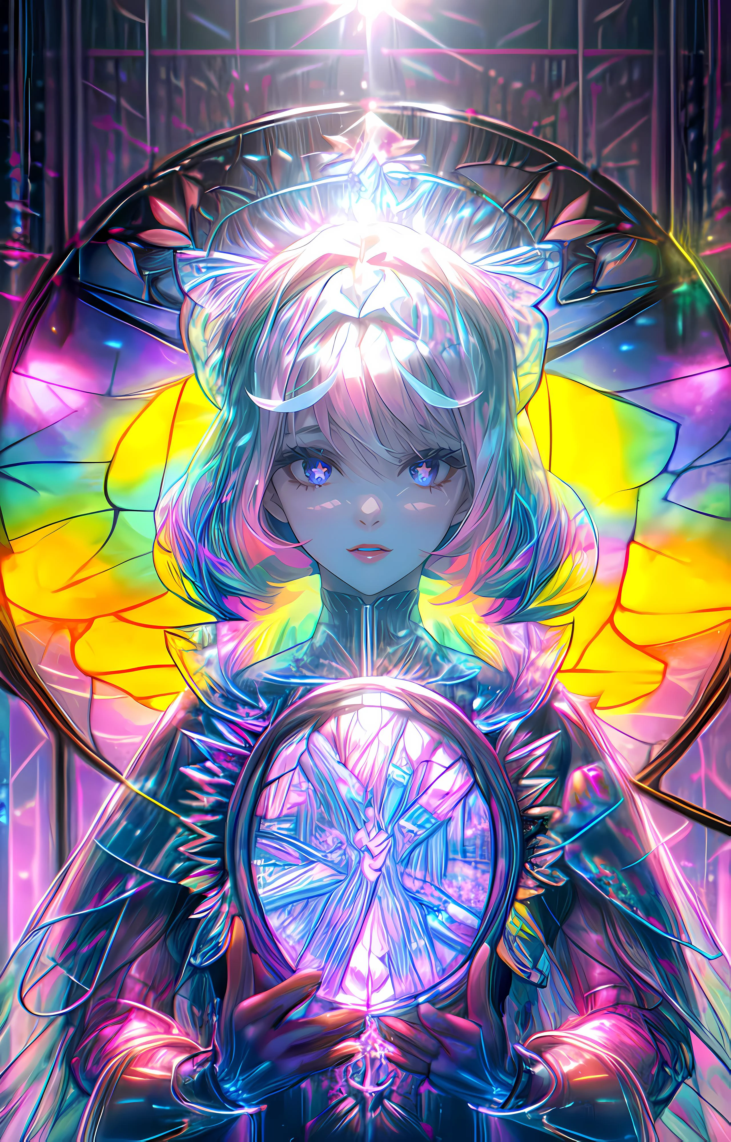 neon palette <lora:neon_palette_offset:1>, 1girl, <lora:KawaiiTech:1>,Stained glass window,Armor,Cute,Close up Portrait,Facing viewer,See through pink visor,futuristic,Pink eyes, <lora:mirrornun-noise:1>, <lora:JW:1>, <lora:more_details:1>