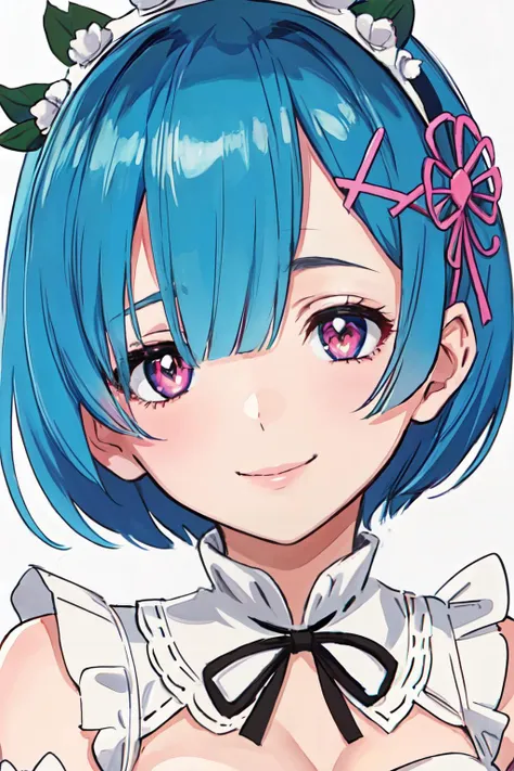 (masterpiece, best quality;1.3), ultra detailed, ooking at viewer, SMILE,
rem_re_zero, Facial close-up,blue hair, short hair, maid uniform, hair ornament, cleavage, maid headdress, detached sleeves, ribbon <lora:heartstar:1>heart-shaped pupils