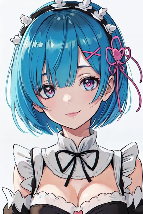 (masterpiece, best quality;1.3), ultra detailed, Looking at viewer, kissy face, big smile,
rem_re_zero, Facial close-up,blue hair, short hair, maid uniform, hair ornament, cleavage, maid headdress, detached sleeves, ribbon <lora:heartstar:1>heart-shaped pupils