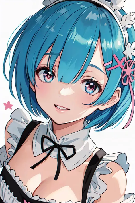 (masterpiece, best quality;1.3), ultra detailed, Looking at viewer, kissy face, laughing, FUGE BREAST,
rem_re_zero, Facial close-up,blue hair, short hair, maid uniform, hair ornament, cleavage, maid headdress, detached sleeves, ribbon <lora:heartstar:1>STAR-shaped pupils,pink back ground,
