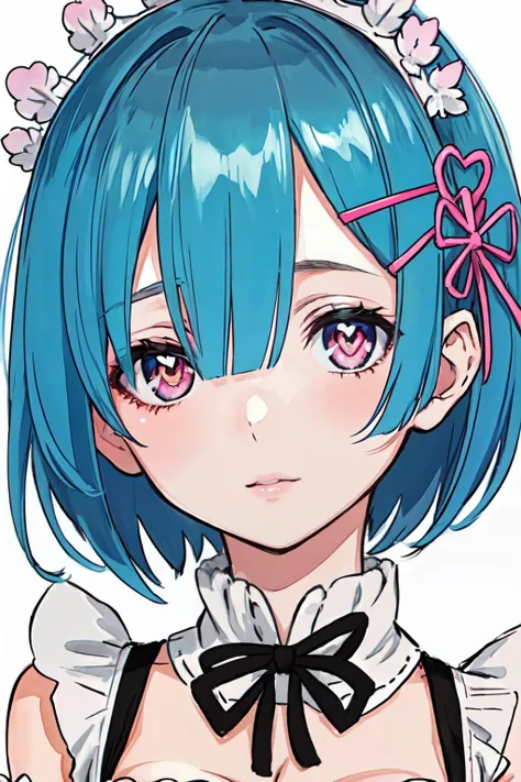 (masterpiece, best quality;1.3), ultra detailed, ooking at viewer, 
rem_re_zero, Facial close-up,blue hair, short hair, maid uniform, hair ornament, cleavage, maid headdress, detached sleeves, ribbon <lora:heartstar:1>heart-shaped pupils