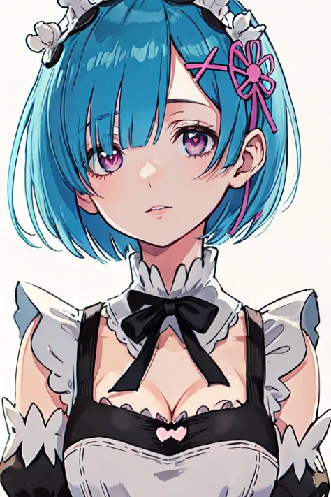 (masterpiece, best quality;1.3), ultra detailed, ooking at viewer, 
rem_re_zero, Facial close-up,blue hair, short hair, maid uniform, hair ornament, cleavage, maid headdress, detached sleeves, ribbon <lora:heartstar:1>heart-shaped pupils