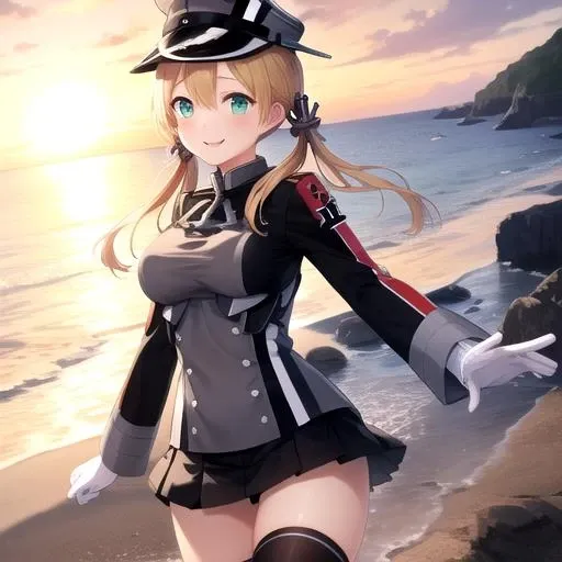 A woman in a uniform standing on a beach next to the ocean - SeaArt AI