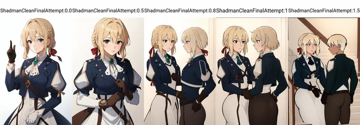 (masterpiece, best quality), intricate details,
1girl, <lora:violetevergardentest:0.8> violet evergarden, blonde hair, , hair ribbon, ribbon, short hair, braids, hair braids, red ribbon, mature female,, blue jacket, brown gloves, cropped jacket, dress, gloves, green brooch, jacket, juliet sleeves, long sleeves, puffy sleeves, white dress,
<lora:ShadmanCleanFinalAttempt:0.0> , black eyes,