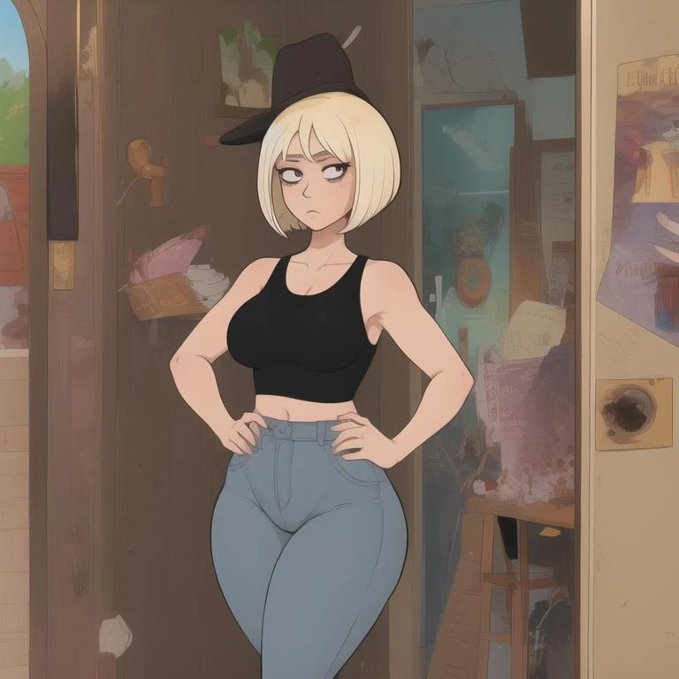 <lora:ShadmanCleanFinalAttempt:1>
1girl, standing, tank top, blonde, bob cut, cowboy shot, big breasts, wide hips, narrow waist, black eyes, worried, looking at breasts,