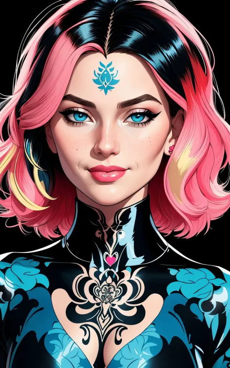 (James Jean style:1.2), [jiri tulach style|arosen style|sassy style], full body, portrait of woman standing, milf, professor, (freckles:0.7), solo, sexy, seductive smile, ([Halle Berry|ana cozar|Taylor( :0)Swift]:0.9), best quality, highly detailed, masterpiece, ultra-detailed, illustration, small pink lips, sexy attire , upper body, red dragon tattoo, tattoo design, stencil, tattoo stencil, colorful, shimmering blue eyes, blowout hair, (two-tone hair:1.1), detailed eyes, intricate face, black background, simple background, dearness, high contrast, (secret:0.9), (cluttered:0.7), (astonishing:0.5),