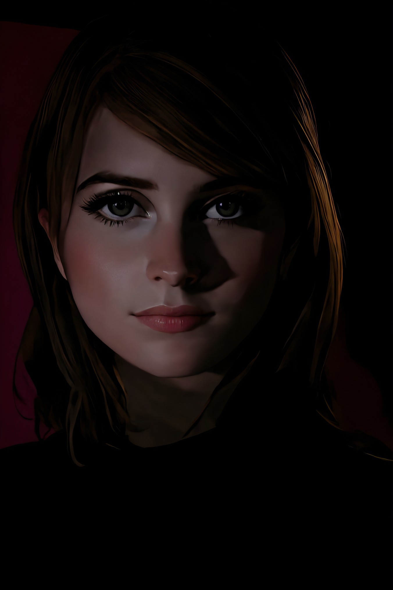 A close up of a woman with a black shirt and a red background - SeaArt AI