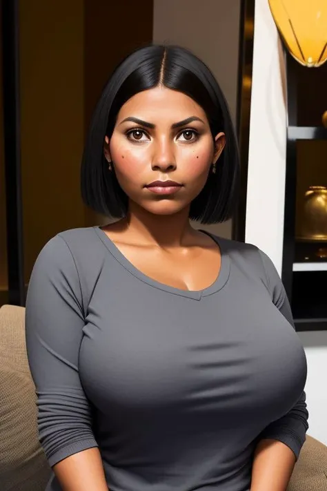 (peruvian woman:1.3), , short hair, latina woman, dark skin, curvy body, solo, detailed face, gigantic cleavage, looking at viewer, front view, indifferent look, upper body, (casual clothes:1.2),