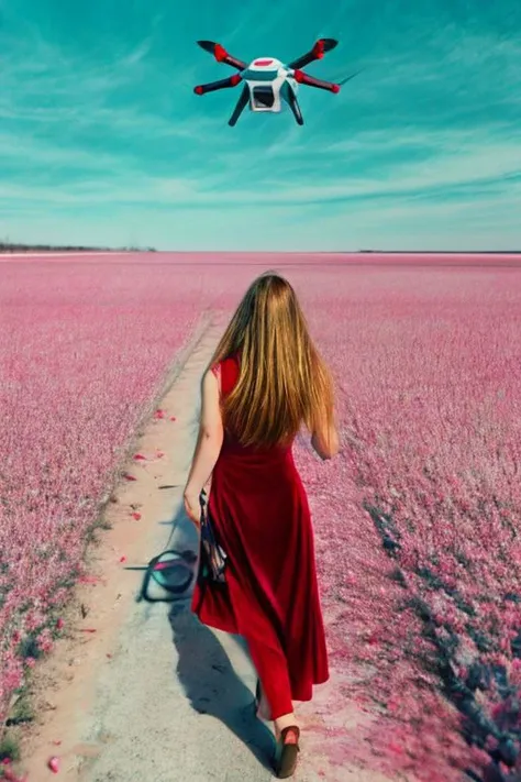 spring, <lora:soviet-poster:0.8> , Soviet poster,  a 18 year old soviet Russian women, blond hair, Red military velvet dress, holding flower in hand  , amusing, wing blowing through the hair, kremlin, BadDream, FastNegativeV2, epiCNegative, DJI, FPV, Drone, Goggles