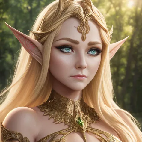 full-length pro photo, full-body, detailed face, (masterpiece), elven ears, elf woman, gold metal bikini top, gold dust on skin, purple eyes, detailed eyes, bright sunlight, intricate design, long blonde hair, pointy ears, (bimbo:0.5), big breasts, (((sad expression))) , bright green forest background, green grass, windy day, high quality, intricate, highly detailed, trending on artstation 2k, 4k, 8k, hdr, highres, absurdres, best quality, cinematic lighting, professional, epic, very detailed, highest quality, ultra-detailed, extremely detailed, powerful impression, hyperdetailed, hyperrealistic, hypermaximalist, extremely intricate, CG, unity, (high-definition)