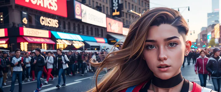 high (athletic tomboy:1.2) with long hair undercut in the city crowd, photorealistic
