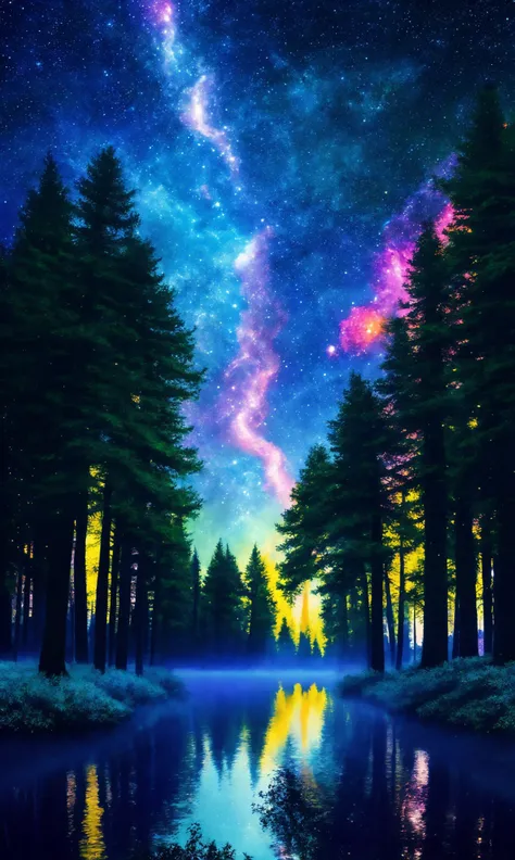 magic colorful forest,fluffy tree, blue sky,mountain,4k,
concept art,oil painting, realistic trees, beautiful, green grass, fog, stars, supernova,
stars at sky, magical, night, dark,big galaxy,glowing stars, star light, falling star,comet, lake,water, reflection, adorable, (extraordinary:0.6),