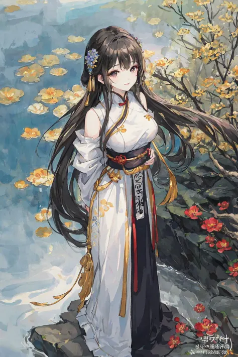 ((tachi-e)), original,(illustration:1.1),(best quality),(masterpiece:1.1), (extremely detailed CG unity 8k wallpaper:1.1),(ecchi0.5), (trees:0.5), (flowers:0.6) ,(birds:0.2), (bamboo0.1), lakes,(panorama shot:1.4),(full body:1.05),(solo:1.2), (ink splashing),(color splashing),((watercolor)), clear sharp focus,{ 1girl },((chinese style )),(flowers,woods),outdoors,rocks, looking at viewer, make happy expressions,soft smile,pure,beautyfull detailed face and eyes,beautyfull intricacy clothing decorative pattern details, black hair,black eyes,Hangzhou, wuchangshuo, wuchangshuo in background, <lora:MoXinV1:0.4>,((arms behind back)),sitting,<lora:koreanDollLikeness_v15:0.2>