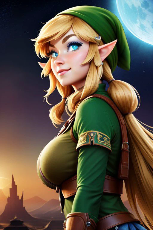 (Style-Grabby Link and Zelda), botw style, looking at viewer, close-up, beautiful eyes, perfect eyes, big reveal, athletic, hat, green tunic, belt, fingerless gloves, boots, weapon on back, flexing muscles, High detail RAW color photo, 3d, highly detailed CG unified 8K wallpapers, physics-based rendering, cinematic lighting, beautiful detailed eyes, ultra highres,8k, cinematic lighting, ah1, night, stars, heart shaped moon, cloud, (looking at another:1.2), from side, masterpiece, best quality, ultra-detailed, glistening shiny, ray tracing, ultra realistic face, best quality, ultra-detailed, shiny eyes, fair skin, notably long eyelashes, (realistic eyes), perfect face, high quality face, (epic composition, best quality, 16k, 8k, ultra highres, absurdres, highres, masterpiece, professional artwork:1.1) digital art, hetero, large breasts, blush, lustful smile, happy, green eyes, = =, o3o, :3, highly detailed, straining, happy, (hearts, love, valentineSG)