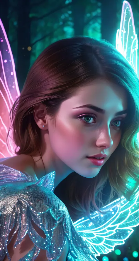 An ethereal female figure with delicate, luminescent wings, surrounded by glowing, magical creatures in an enchanted forest
Subsurface skin scattering, shiny skin, iridescent dress, detailed background, ([Jaclyn Smith|Anne Hathaway|Sophia Loren]:0.8), round cute face, green eyes, close-up, amazing fine detail, Nikon D850 film stock photograph Kodak Portra 400 camera f1.6 lens, rich colors, lifelike texture, dramatic lighting, unreal engine, trending on ArtStation, cinestill 800 tungsten