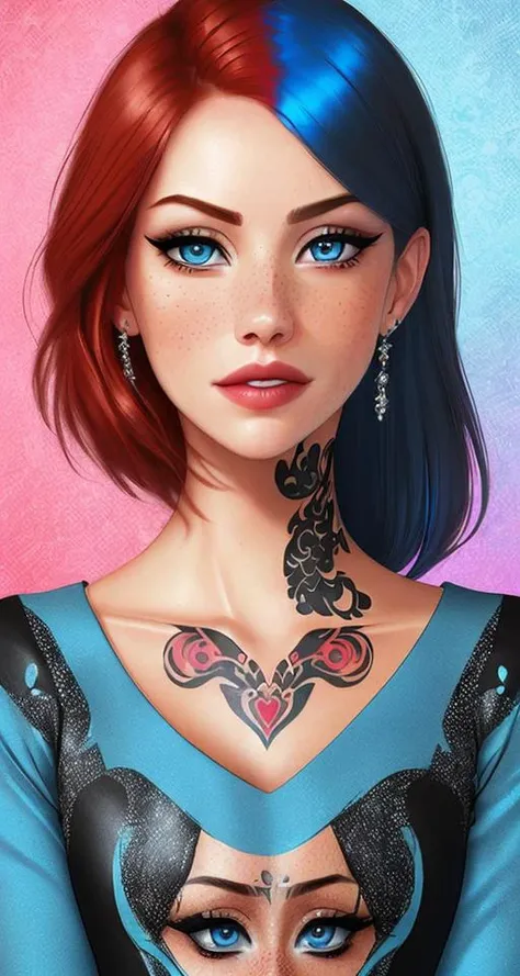 (photorealistic), (realistic), portrait of (Emma Stone:0.9) standing, milf, professor, (freckles:0.7), solo, sexy, seductive smile, best quality, highly detailed, masterpiece, ultra-detailed, illustration, small pink lips, sexy attire, studio_ghibli_anime_style style, anime pattern top,
upper body, yakuza tattoo, tattoo design, stencil, tattoo stencil,
[(colorful explosion psychedelic paint colors:1.21)::0.2],
colorful, shimmering blue eyes, blowout hair,  (red hair:1.1),detailed eyes, intricate face,
black background, simple background, dearness, high contrast, (secret:0.9), modest, (crazy:0.7)